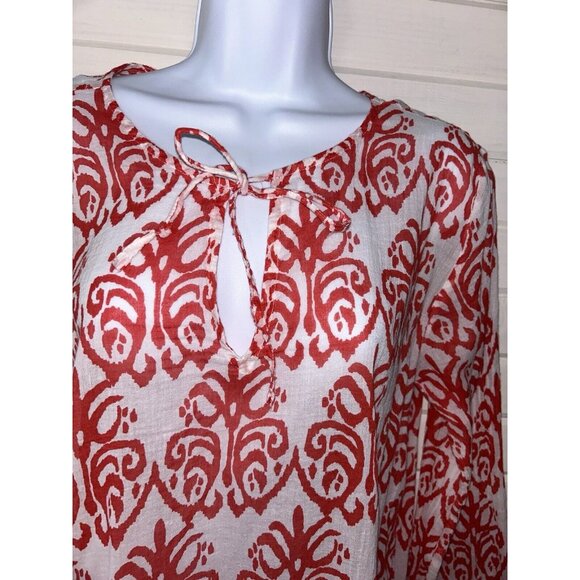 FLORA Rock Flower Paper Sz MEDIUM Red White Ikat Print Top Tunic 100% Cotton EUC - Picture 4 of 13